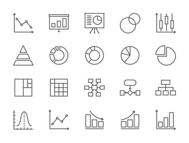 set of graph and chart line icons. tortendiagramm, statistik, präsentation und mehr. - graph stock-grafiken, -clipart, -cartoons und -symbole