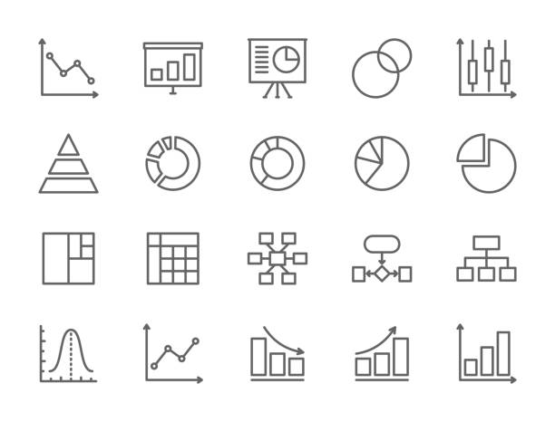 illustrazioni stock, clip art, cartoni animati e icone di tendenza di set di icone grafico e grafico. grafico a torta, statistiche, presentazione e altro ancora. - graph arrow sign chart single line