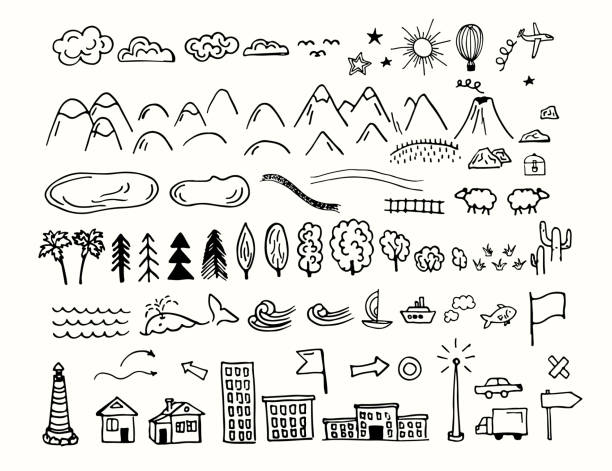 kreslení mapových zomíků a symbolů - čmáranice kresba stock ilustrace