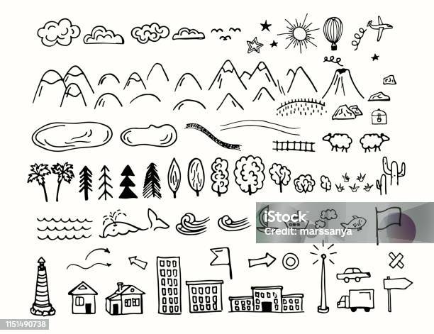 Drawing Map Signs And Symbols Stock Illustration - Download Image Now - Drawing - Activity, Doodle, Tree