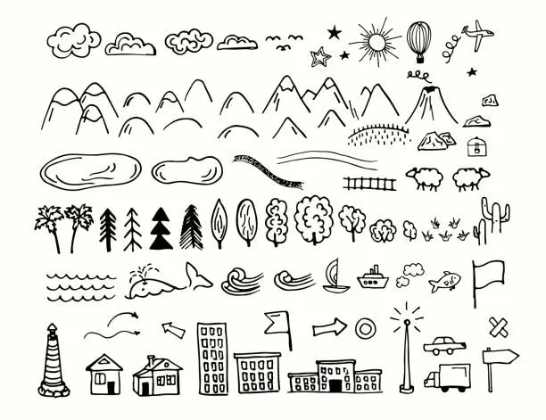 Vector illustration of Drawing map signs and symbols