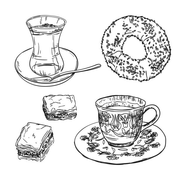 Traditional Turkish food and drinks sketch Drawing national turkish food with coffee, tea cup, simit and baklava. Sketch with traditional turkey bavarages and bages. baklava stock illustrations