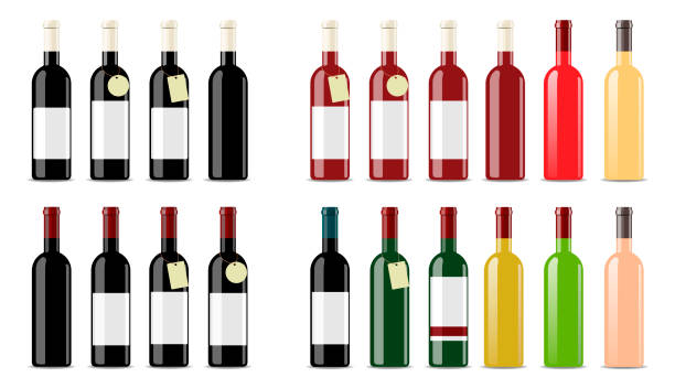 illustrazioni stock, clip art, cartoni animati e icone di tendenza di set bottiglie di vinogrande un set vettoriale di bottiglie di vino. etichetta vuota per la progettazione dell'imballaggio. isola su uno sfondo bianco - bottiglia di vino