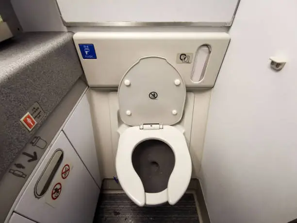 Photo of Inside Airplane lavatory .Small space  Inside the airplane toilet