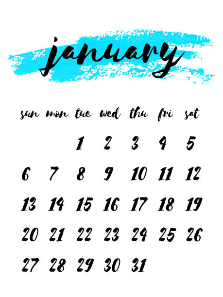 stockillustraties, clipart, cartoons en iconen met aquarel inkt kalender sjabloon, 2019 jaar, januari - dry january