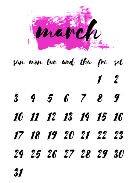 stockillustraties, clipart, cartoons en iconen met aquarel inkt kalender sjabloon, 2019 jaar, maart - dry january