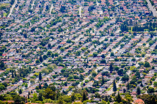aerial view of residential neighborhood in san jose, south san francisco bay area, california - san francisco bay area community residential district california imagens e fotografias de stock