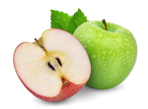 green whole apple and half red apple with green leaf isolated on white background - wet apple imagens e fotografias de stock