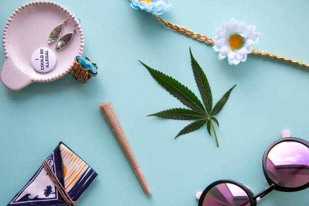 California Festival Essentials on Light Blue with a  "I could be illegal" pin, Joint, Marijuana Leaf, Flower Crown, Turquoise, Sunglasses - Top Down stock photo