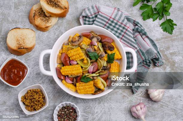 Slices Of Fried Vegetables With Sausages Stock Photo - Download Image Now - Agaricus, Close-up, Cooked