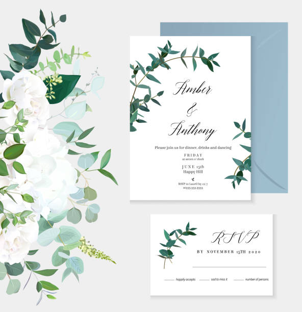 ilustrações de stock, clip art, desenhos animados e ícones de herbal vertical invitation vector minimalist frames - hydrangea white flower flower bed