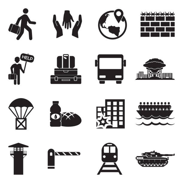 Refugee Icons. Set 2. Black Flat Design. Vector Illustration. People, Aid, Escape, Road bus borders stock illustrations