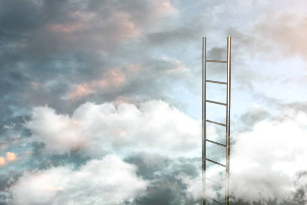 escalera en las nubes con el fondo del cielo-camino al concepto de éxito. ilustración 3d - sky is the limit fotografías e imágenes de stock