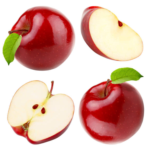 Set of red apple whole pieces isolated on white background Set of red apple whole pieces isolated on white background as a package design element halved stock pictures, royalty-free photos & images