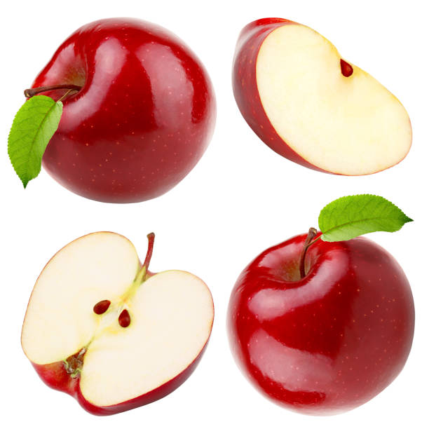 set of red apple whole pieces isolated on white background - apple red isolated cut out imagens e fotografias de stock