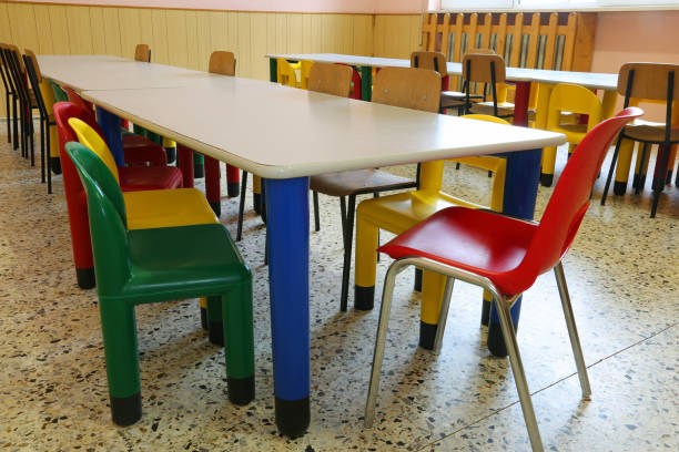 istock refectory with small tables and colored chairs in the nursery sc 1151537317