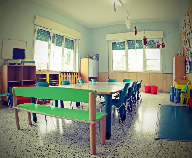 istock small chairs and low tables inside a school classroom with vinta 1151538212