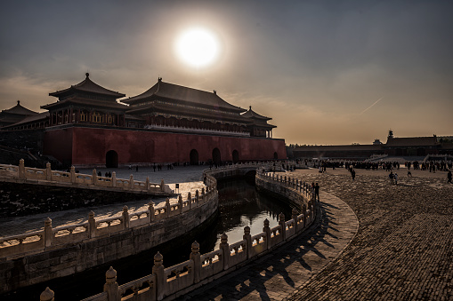 Beautiful and moody light during the sunset at the Forbidden City in Beijing, China.