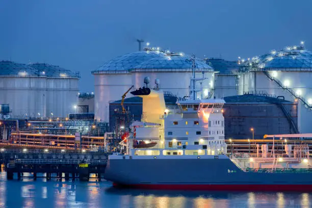 Photo of Liquid Natural Gas storage tanks and tanker, Port of Rotterdam