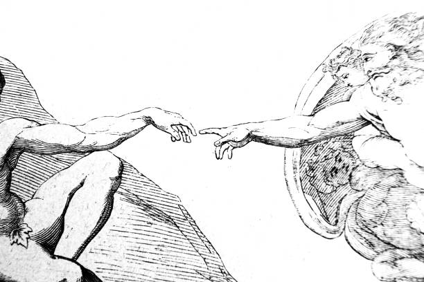 The creation of Adam (detail) by Michelangelo The creation of Adam (detail) by Michelangelo in the vintage book the History of Arts by Gnedych P.P., 1885"n michelangelo stock illustrations