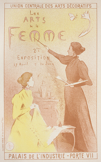 The poster of advertisment of women's arts exhibition in the vintage book Les Maitres de L'Affiche, by Roger Marx, 1897.