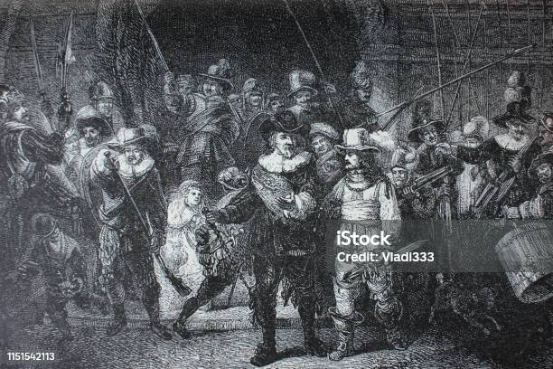 The Night Patrol By Rembrandt Stock Illustration - Download Image Now - Adult, Adults Only, Aging Process