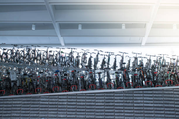 Abstract blurred of bicycles on a rack park