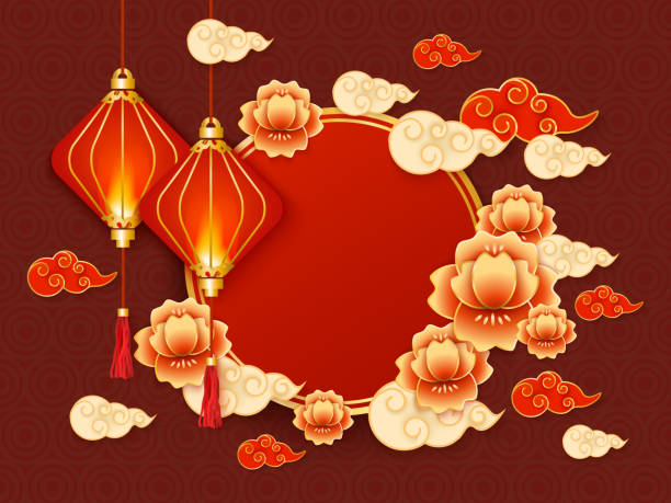 istock Background and template with red traditional chinese lanterns, clouds and flowers. 1151546921