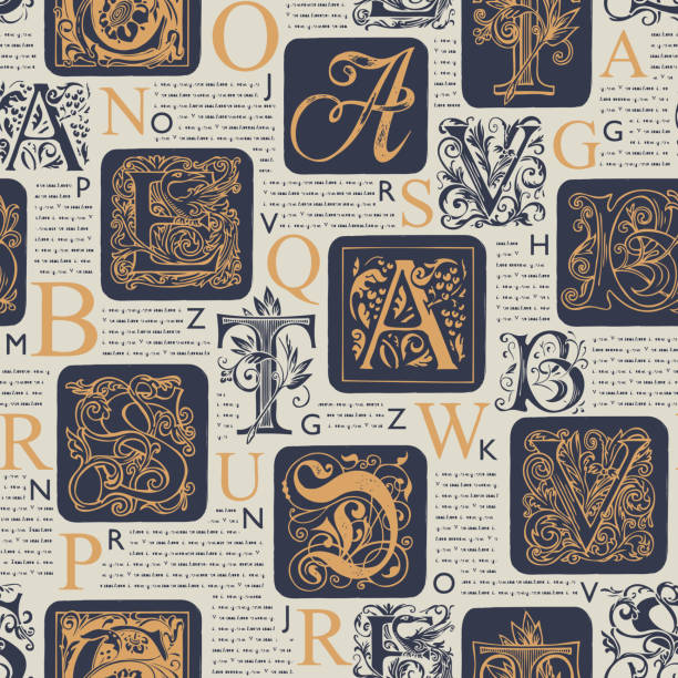 ilustrações de stock, clip art, desenhos animados e ícones de seamless pattern on the theme of old book pages - decoration fairy tale alphabet abstract