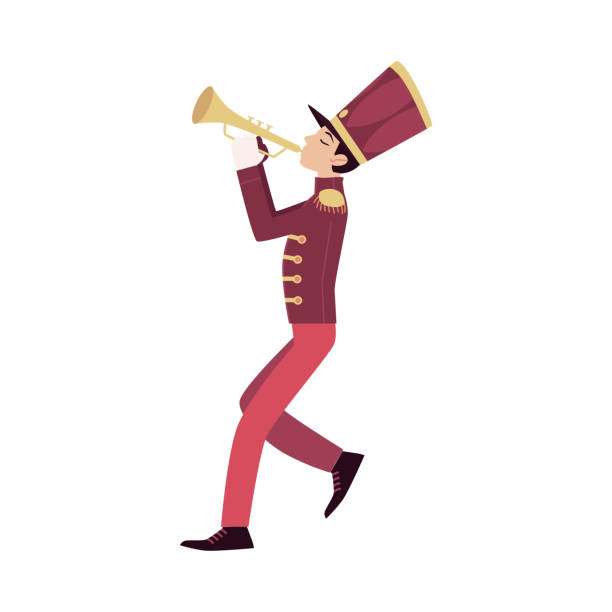 ilustraciones, imágenes clip art, dibujos animados e iconos de stock de participante del desfile, el joven trompetista toca la trompeta. - parade marching band trumpet musical instrument