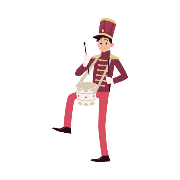 Parade and marching band participant, young drummer playing drum. Parade and marching band participant, young drummer playing drum. Parade musician with a drum and drum sticks. Isolated vector man in flat cartoon style on white background. pics of a marching band stock illustrations