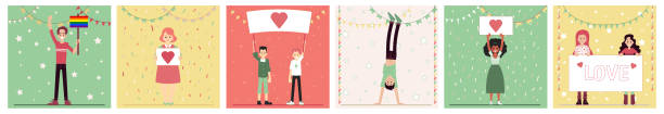 istock Set of people characters standing with heart image banners cartoon style 1151557978