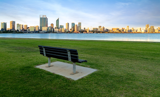 Chair and grass, Perth city view from South Perth Esplanade