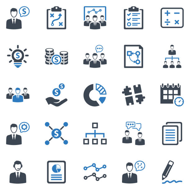 ilustraciones, imágenes clip art, dibujos animados e iconos de stock de conjunto de iconos de planificación empresarial-2 (serie azul) - flowchart symbol computer icon icon set