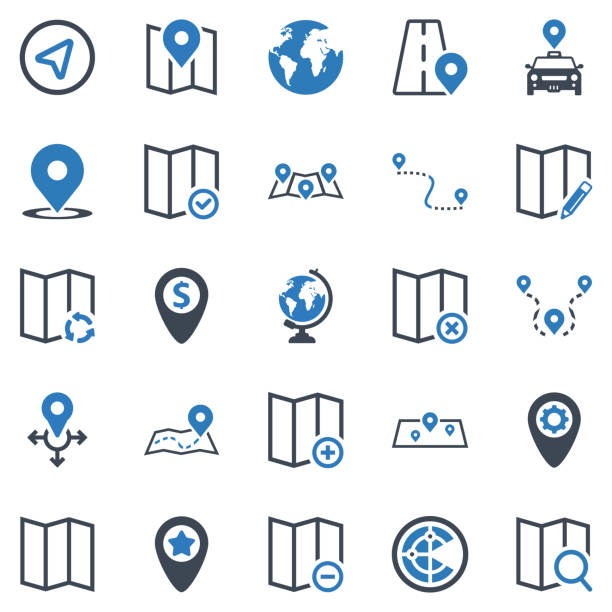 ilustraciones, imágenes clip art, dibujos animados e iconos de stock de mapa y ubicación icono set-2 (serie azul) - área de embarque