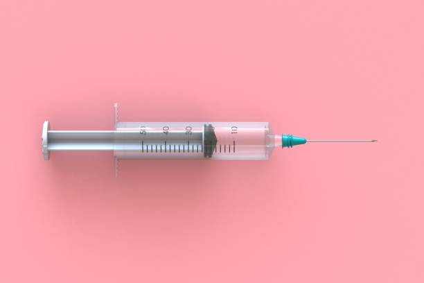 istock Empty syringe closeup isolated on pink background, High resolution, Top view with copy space, Medical concept, 3d rendering 1151564145