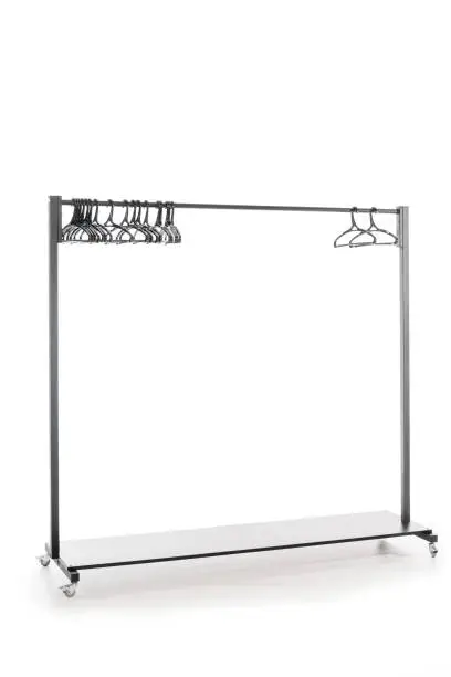 hatstand with hangers on white background with copy space