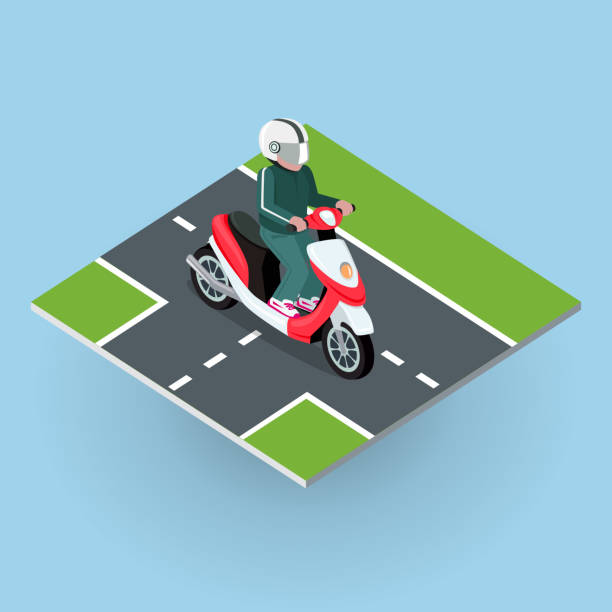 Touring Moped. Motor Bike on the Road Touring moped. Motor bike on the road. Top view on motorized bicycle. Flat 3d isometric high quality city moped design. Motorcycle or autobike dirtbike . Part of series of city isometric. Vector helicopter free drawing stock illustrations