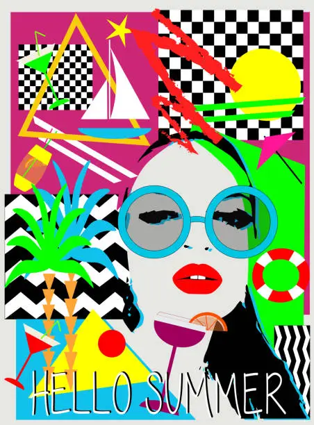 Vector illustration of Summer cocktail part background with girl, sunglasses, martini, palm tree and yacht