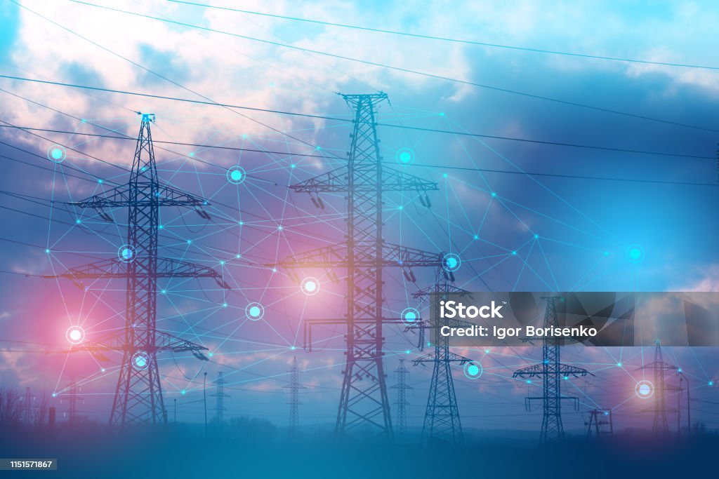 an abstract representation of solving problems using artificial intelligence to increase reliability and reduce losses and accidents during the transmission of electrical energy Fuel and Power Generation Stock Photo