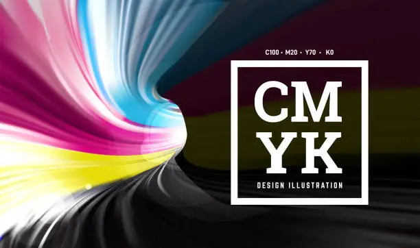 Vector illustration of CMYK paint in the form of a 3D spiral pipe. Inside view. Vector illustration