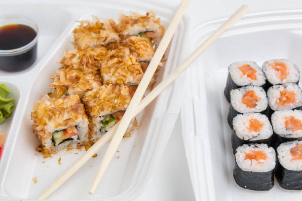 Japanese food. Sushi rolls set on white background