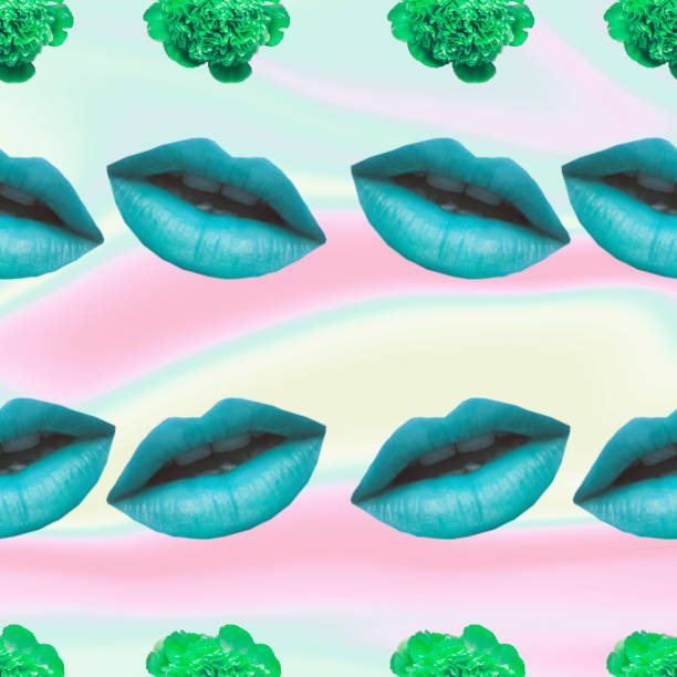 istock Pattern of open mouths with blue lips and green flower blossoms 1151575606