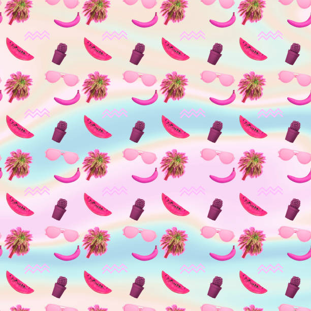 istock Pattern of palm trees, cactus, bananas, watermelon slices and sunglasses.  Gradient background 1151575669