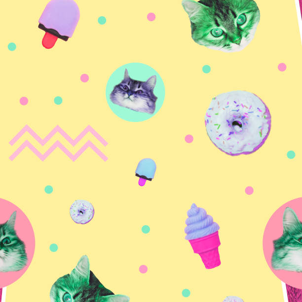 Pattern of ice creams, cat heads, donuts and geometry elements