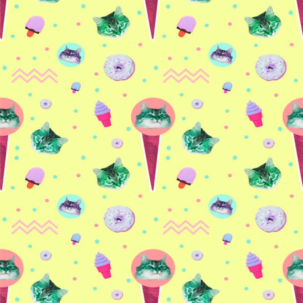 istock Pattern of ice creams, cat heads, donuts and geometry elements on yellow background 1151575682