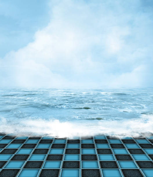 Surreal sunny seascape with a tiled floor and crashing waves