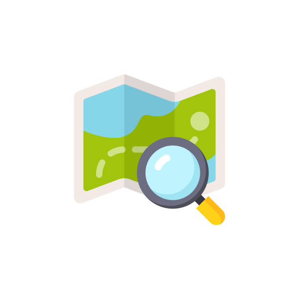 ilustrações de stock, clip art, desenhos animados e ícones de map with magnifying glass flat icon. pixel perfect. for mobile and web. - compass symbol direction guide
