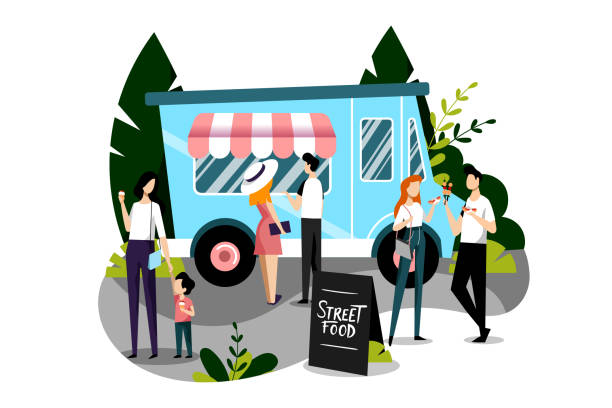 People buying fast food meals in a food truck. Vector flat colorful illustration. Street food festival concept. People buying fast food meals in a food truck. Vector flat colorful illustration. Street food festival concept. Spring and summer weekend outdoor leisure. street food stock illustrations