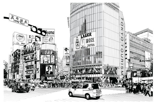 ilustraciones, imágenes clip art, dibujos animados e iconos de stock de tokyo, el famoso cruce de shibuya - traffic jam illustrations